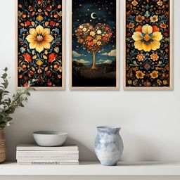 Kotart Brown & Blue 3 Pieces Floral and Botanical Wooden Wall Paintings-picture-23