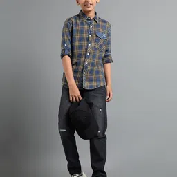 UNDER FOURTEEN ONLY Boys Comfort Fit Buffalo Checked Spread Collar Cotton Casual Shirt image 3