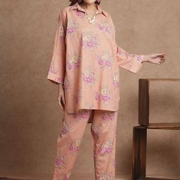 FASHOR Floral Printed Pure Cotton Tunic With Trousers Co-Ords-picture-1