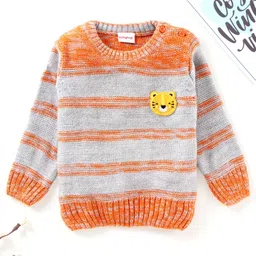 Babyhug Full Sleeves Striped Sweater Tiger Patch - Orange-image-22