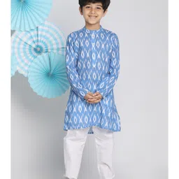 Vastramay Full Sleeves Ikkat Kurta Pyjama - Aqua Blue And White-picture-12