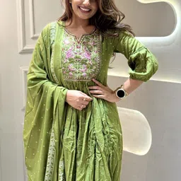 AG TEXTILE Ethnic Motifs Embroidered Notch Neck Pure Cotton Kurta With Trousers & Dupatta-picture-29