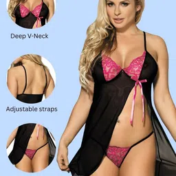 MYZA Women Self Design Shoulder Straps Lace Mesh Open Front Babydoll Set image 4