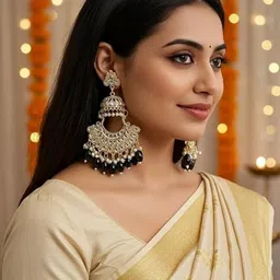 TESSARA Gold-Plated Artificial Stones Studded And Beaded Crescent Shaped Drop Earrings image 3