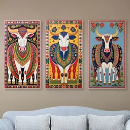 nestroots Yellow & Blue 3 Piece Sacred Indian Cow Canvas Painting Wall Art-image-44