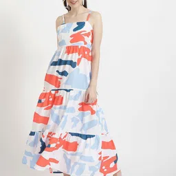 AMSWAN Women Shoulder Straps Abstract Printed Maxi Dress-image-70