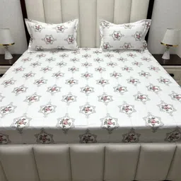 Pure Decor White & Grey Floral 220 TC Queen Bedsheet with 2 Pillow Covers image 2