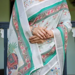 ALMAARI FASHION Ethnic Motifs Printed Pure Linen Kanjeevaram Saree image 2