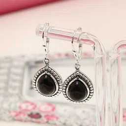 LeCalla 925 Sterling Silver Silver-Plated Onyx Studded Contemporary Shaped Drop Earrings-picture-55