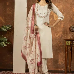 Peach Petals Embroidered Thread Work Straight Kurta With Trousers And Dupatta-picture-39