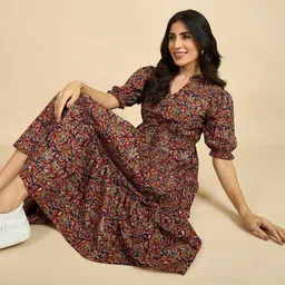 Femvy Women Floral Printed Puff Sleeve Crepe Fit-Flare Midi Dress-image-42