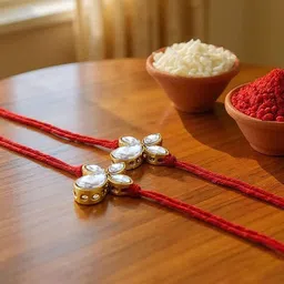 LUCKY JEWELLERY Set Of 2 Gold-Plated Rakhi With Roli Rice & Greeting Card image 5