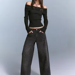 Bershka Women Straight Fit Mid-Rise Light Fade Jeans with Rhinestone Details-image-82