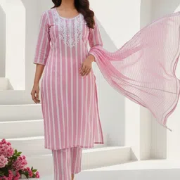 TANNAH Women Printed Regular Chikankari Kurta with Trousers & With Dupatta image 4