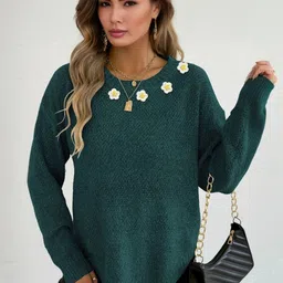 Blooming Tales Women Embroidered Round Neck Oversized Pullover-picture-13