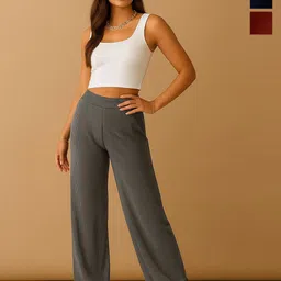 Fabflee Women Pack of 3 Wide Leg Mid-Rise Flat-Front Trousers-picture-22