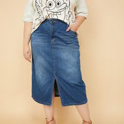 max Plus Size Pure Cotton Denim Midi Straight Skirt image 2