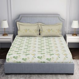 SPACES Beige & White Floral 144 TC Queen Bedsheet with 2 Pillow Covers-picture-43