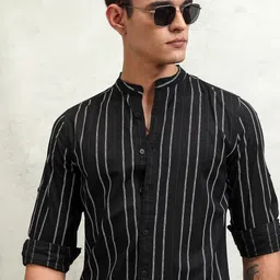 HIGHLANDER Men Band Collar Striped Cotton Casual Shirt-image-80