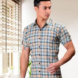 BASE 41 Men Spread Collar Tartan Checked Casual Shirt-image-17