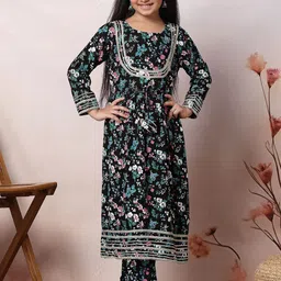 KYDZI Girls Floral Printed Regular Gotta Patti Kurta with Trousers-image-9