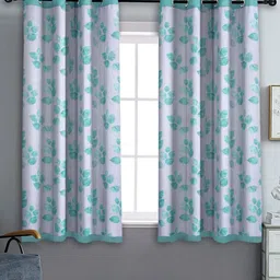 Aura White & Green Set of 2 Floral Black Out Window Curtain image 1