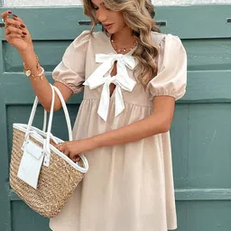 StyleCast Tie-Up Neck Puff Sleeve Fit & Flare Mini Dress image 4