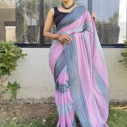 HERE&NOW Striped Pure Chiffon Jamdani Saree image 1