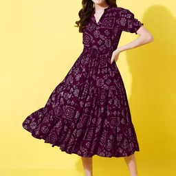 Krunal Raiyani Women Geometric Printed Mandarin Collar Fit And Flare Dress-picture-25