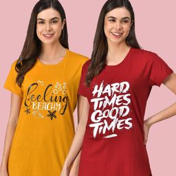 Christy World Women Pack Of 2 Typography Printed Round Neck Cotton Longline T-shirt-picture-19