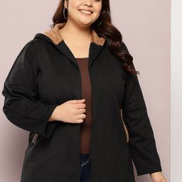 Qurvii+ Plus Size Fleece Longline Open Front Hooded Jacket with Patchwork-picture-27