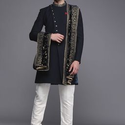 Manyavar Men Navy Blue & White Textured Sherwani Set with Dupatta-picture-12