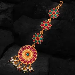 aadita Gold-Plated Red & Green Ruby-Studded Pearl Embellished Handcrafted Maang Tikka image 1