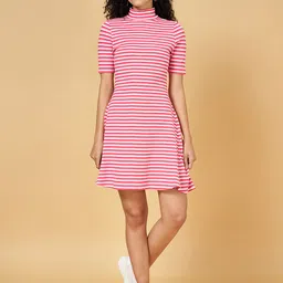 People Striped High Neck A-Line Dress-image-27