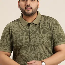 Sztori Men Plus Size Olive Green Floral Printed Polo Collar Pure Cotton  T-shirt-picture-27