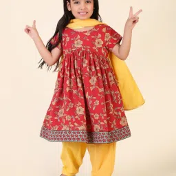 Fabindia Kids Red & Yellow Floral Print Kurta, Salwar with Dupatta image 4
