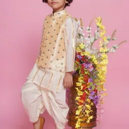 Little Bansi Boys Cream & Beige Embroidered Full Sleeves Kurta, Dhoti with Nehru Jacket image 4