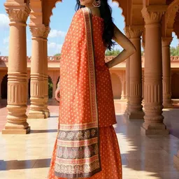 SZN Bandhani Printed Sleeveless Chanderi Silk Straight Kurta With Sharara & Dupatta image 2