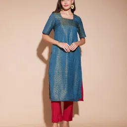 Pink Fort Teal Maroon Jacquard Chevron Kurta and Pants image 4