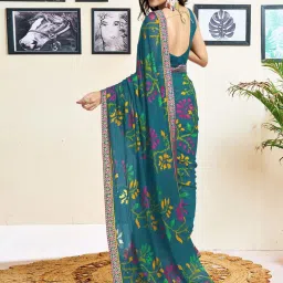 Satrani Rama Blue Printed Saree With Unstitched Blouse image 4