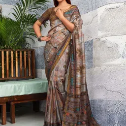 Satrani Brown & Grey Printed Saree With Unstitched Blouse image 4