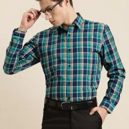 Sojanya Green Cotton Regular Fit Checks Shirt-image-7