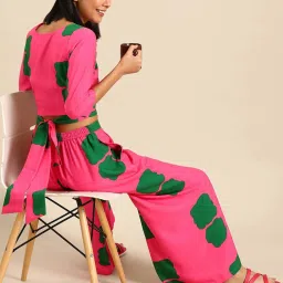 Mabish Pink & Green Printed Crop Top Palazzo Set image 4