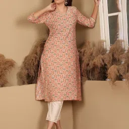W Peach Floral Print Straight Kurta image 4