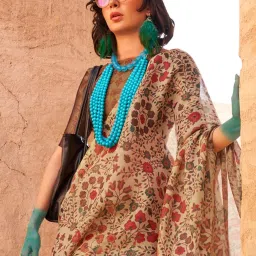 Saree Mall Beige Printed Sarees With Unstitched Blouse image 4