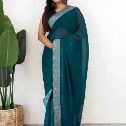 Saree Mall Blue Embellished Sarees With Unstitched Blouse image 4