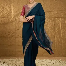 Saree Mall Blue Embroidered Sarees With Unstitched Blouse image 4
