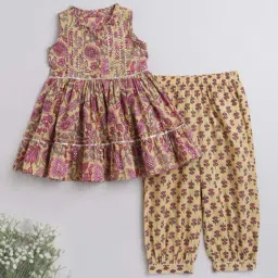 The Magic Wand Kids Yellow & Lilac Cotton Floral Print Kurta Set-picture-18