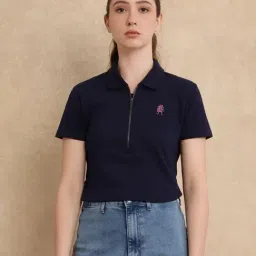 RAREISM Navy Cotton Blend Solid Short Sleeves Polo T-Shirt-image-27
