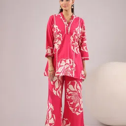 JISORA Printed V-Neck Pure Cotton Tunic With Palazzo Co-Ords-image-86
